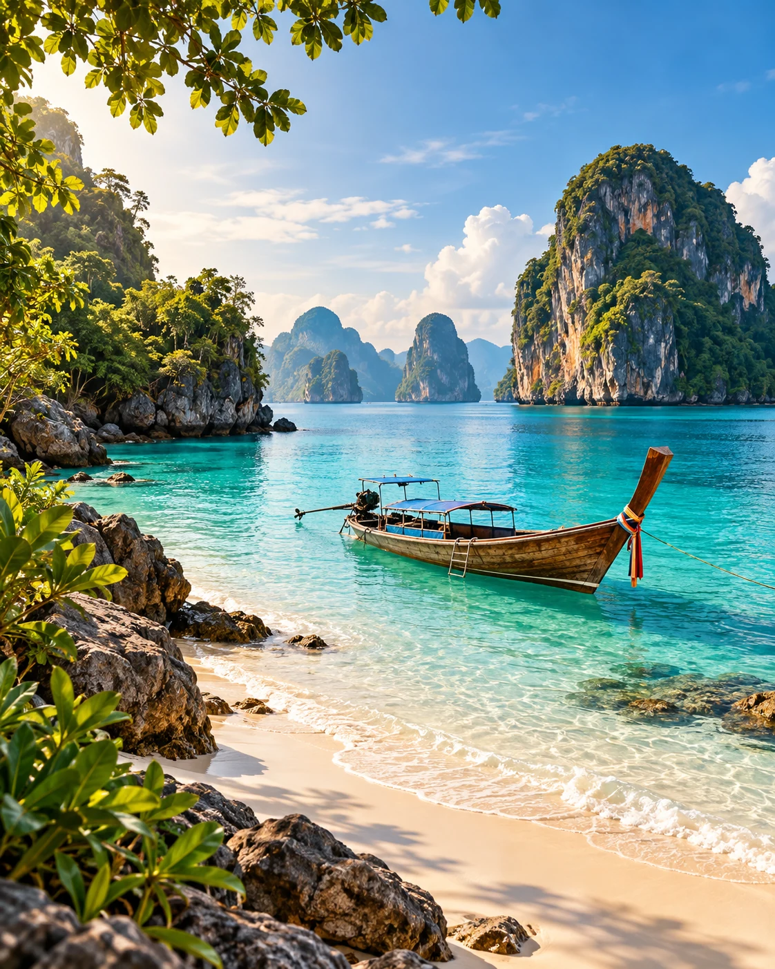 AI-created tropical coast with a long-tail boat