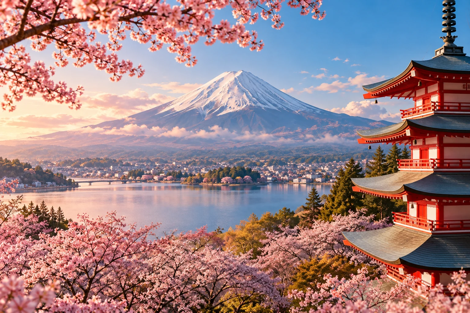 AI-created Mount Fuji and cherry blossom travel scene